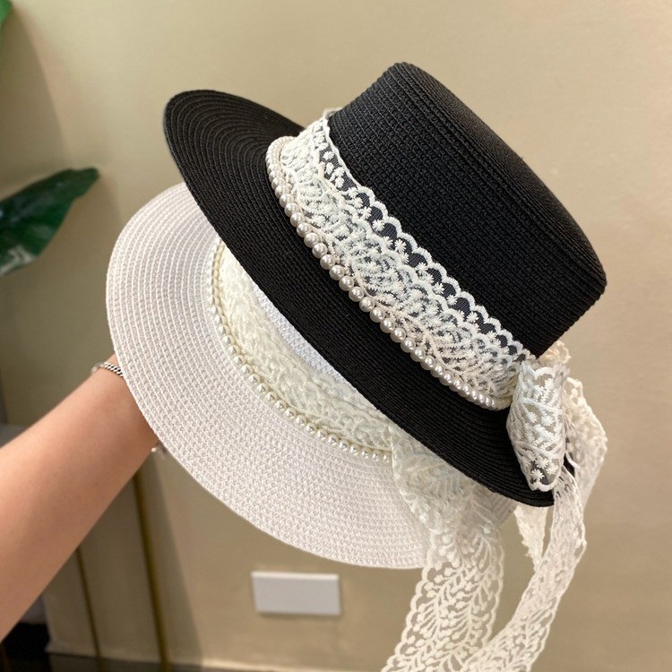 Womens Wide Brim Straw Sun Hat with Lace Bow and Pearl Band